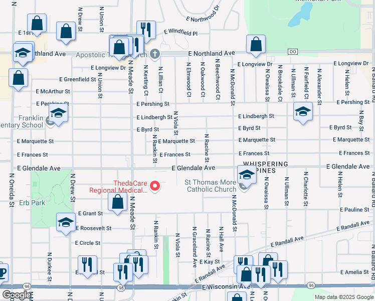 map of restaurants, bars, coffee shops, grocery stores, and more near 1000 East Frances Street in Appleton