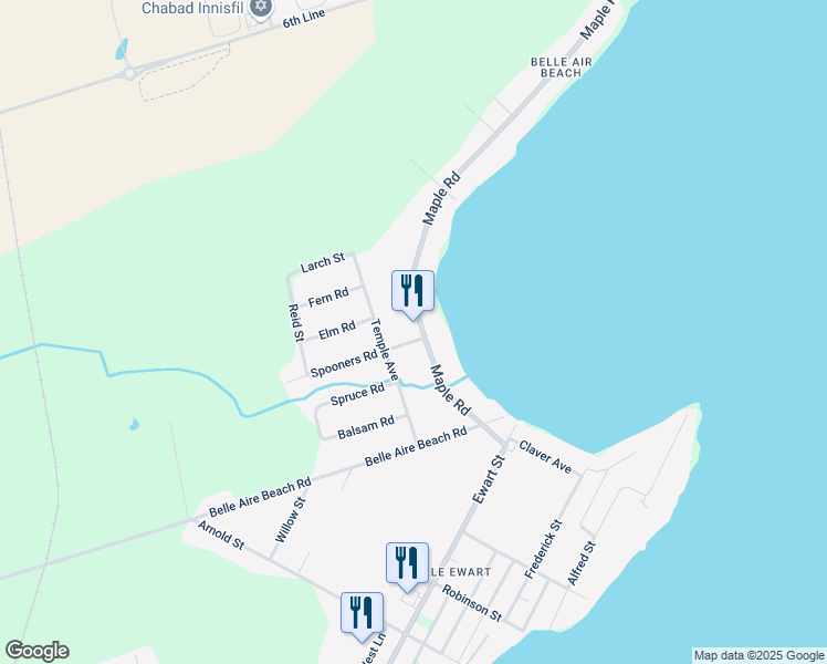 map of restaurants, bars, coffee shops, grocery stores, and more near 1270 Maple Road in Innisfil