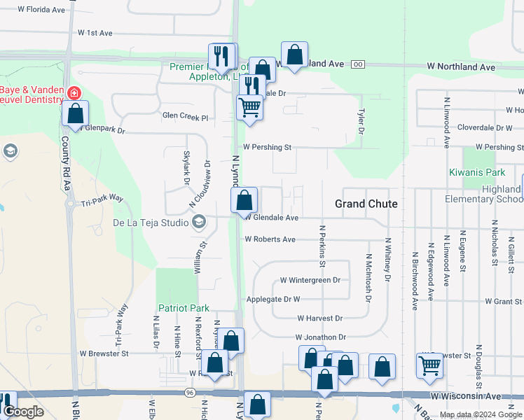map of restaurants, bars, coffee shops, grocery stores, and more near 2100 Pheasant Run Court in Appleton