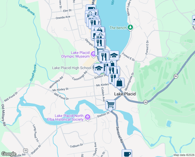 map of restaurants, bars, coffee shops, grocery stores, and more near 41 School Street in Lake Placid