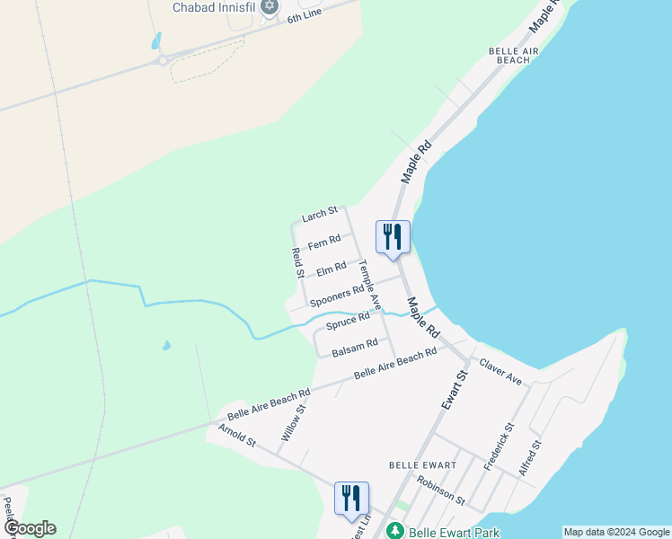 map of restaurants, bars, coffee shops, grocery stores, and more near 1061 Elm Road in Innisfil