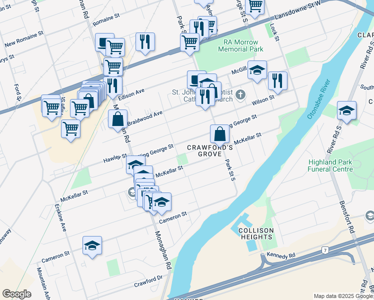 map of restaurants, bars, coffee shops, grocery stores, and more near in Peterborough