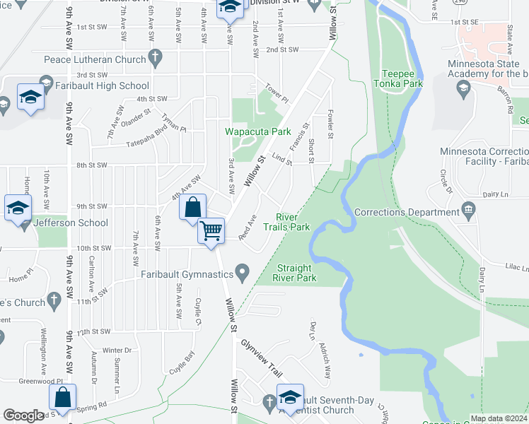 map of restaurants, bars, coffee shops, grocery stores, and more near 829 Reed Avenue in Faribault