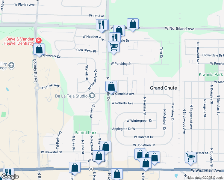 map of restaurants, bars, coffee shops, grocery stores, and more near 2480 West Glendale Avenue in Appleton
