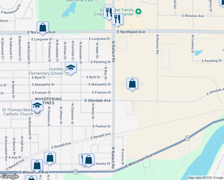 map of restaurants, bars, coffee shops, grocery stores, and more near 1914 East Frances Street in Appleton