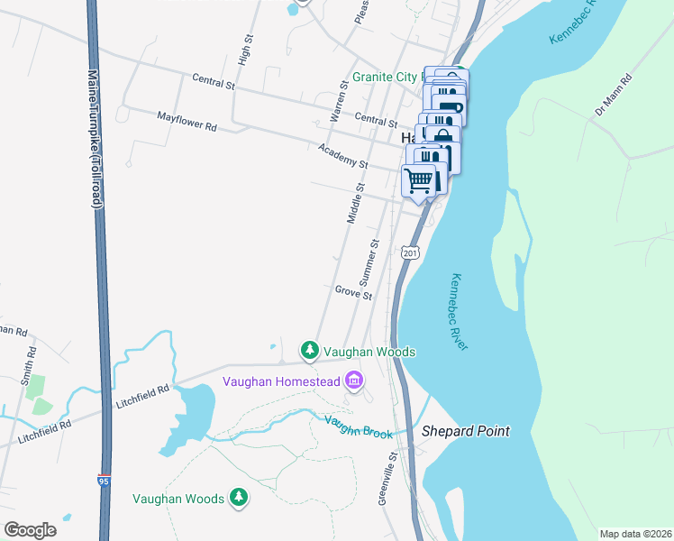 map of restaurants, bars, coffee shops, grocery stores, and more near 77 Middle Street in Hallowell