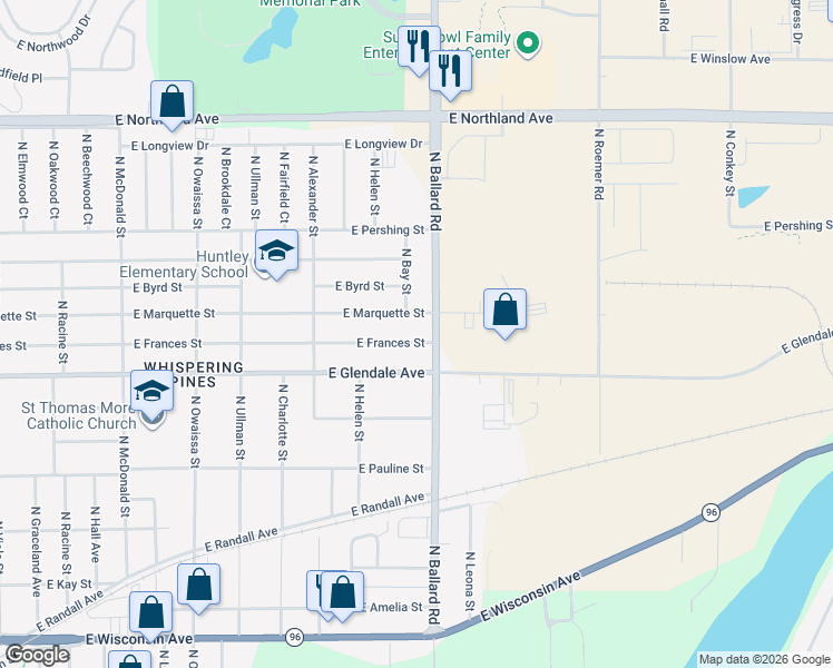 map of restaurants, bars, coffee shops, grocery stores, and more near 1914 East Frances Street in Appleton