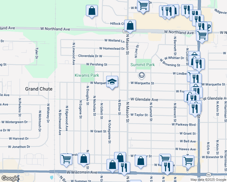 map of restaurants, bars, coffee shops, grocery stores, and more near 2037 North Elinor Street in Appleton