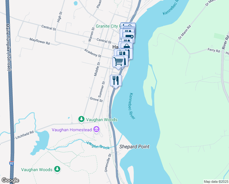 map of restaurants, bars, coffee shops, grocery stores, and more near 236 Water Street in Hallowell
