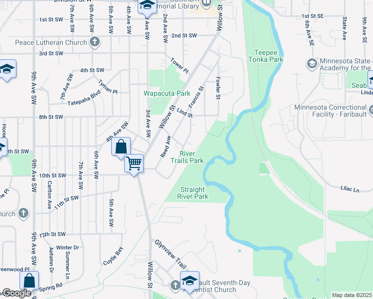 map of restaurants, bars, coffee shops, grocery stores, and more near 905 Rice Street in Faribault