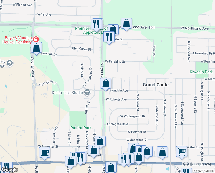 map of restaurants, bars, coffee shops, grocery stores, and more near 2480 West Glendale Avenue in Appleton