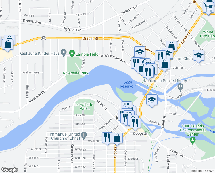 map of restaurants, bars, coffee shops, grocery stores, and more near 400 Bicentennial Court in Kaukauna