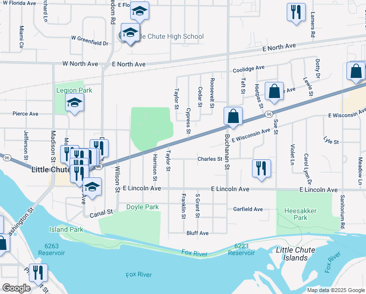 map of restaurants, bars, coffee shops, grocery stores, and more near 811 East Main Street in Little Chute