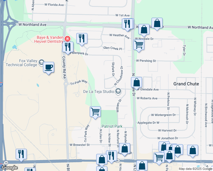 map of restaurants, bars, coffee shops, grocery stores, and more near 2112 Cloudview Court in Appleton