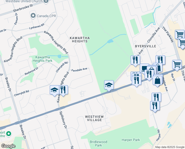 map of restaurants, bars, coffee shops, grocery stores, and more near 64 Springbrook Drive in Peterborough