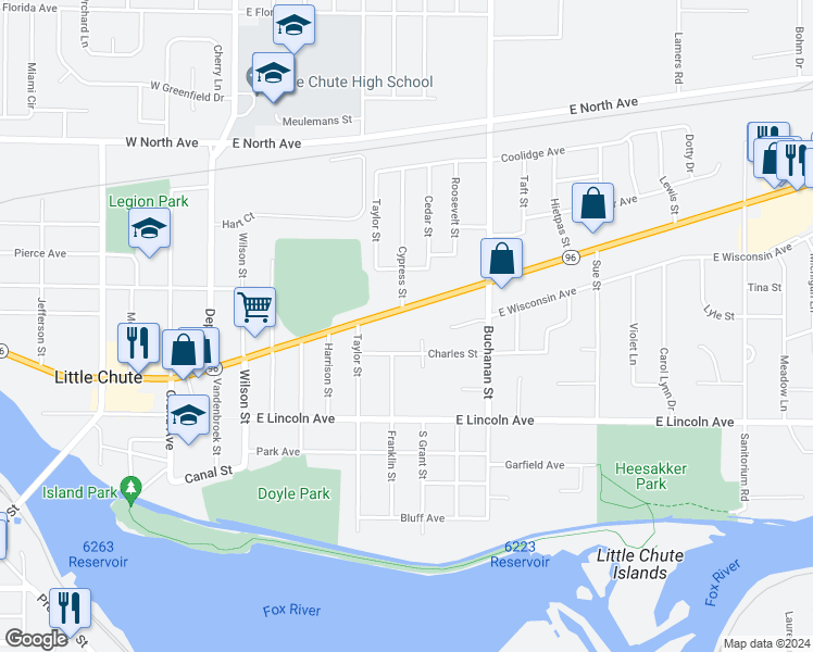 map of restaurants, bars, coffee shops, grocery stores, and more near 811 East Main Street in Little Chute