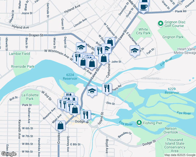 map of restaurants, bars, coffee shops, grocery stores, and more near East Wisconsin Avenue in Kaukauna