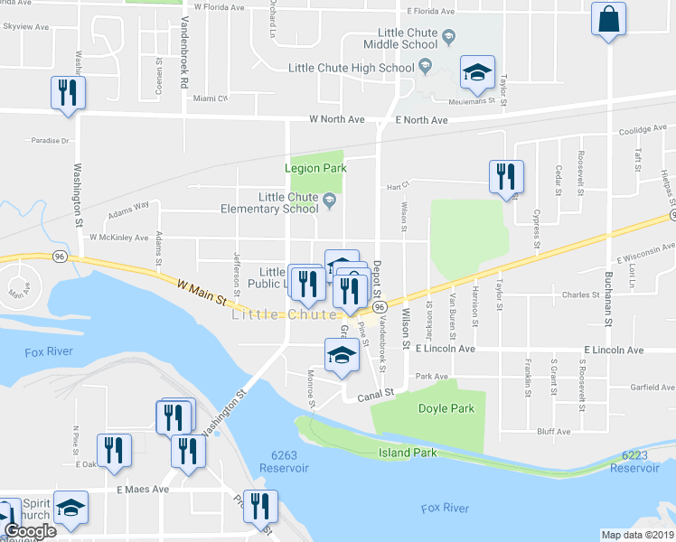 map of restaurants, bars, coffee shops, grocery stores, and more near 719 Grand Avenue in Little Chute