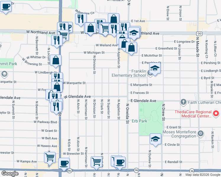 map of restaurants, bars, coffee shops, grocery stores, and more near 2112 North Superior Street in Appleton