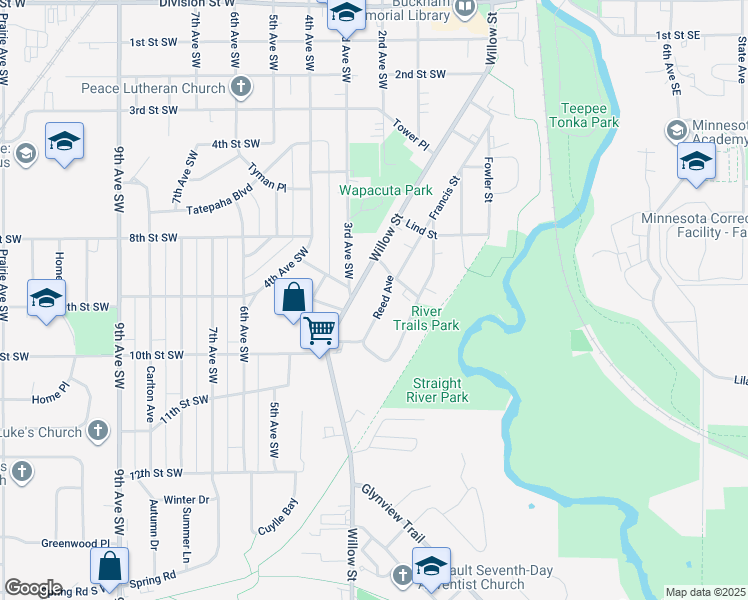 map of restaurants, bars, coffee shops, grocery stores, and more near 832 Reed Avenue in Faribault