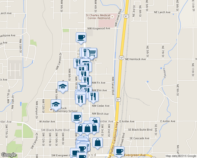 map of restaurants, bars, coffee shops, grocery stores, and more near 624 Northwest 4th Street in Redmond
