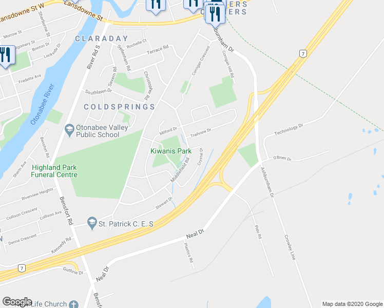 map of restaurants, bars, coffee shops, grocery stores, and more near 269 Middlefield Road in Peterborough