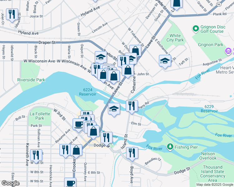 map of restaurants, bars, coffee shops, grocery stores, and more near 111 East Wisconsin Avenue in Kaukauna