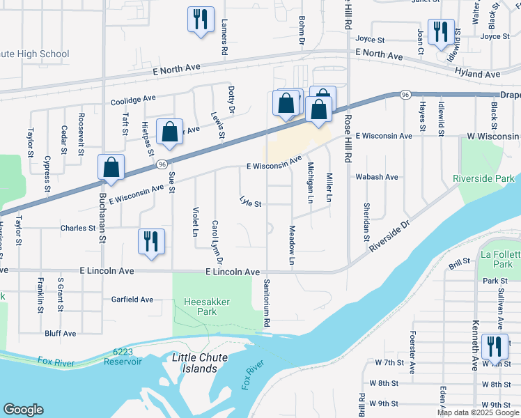 map of restaurants, bars, coffee shops, grocery stores, and more near 1737 Lyle Street in Little Chute