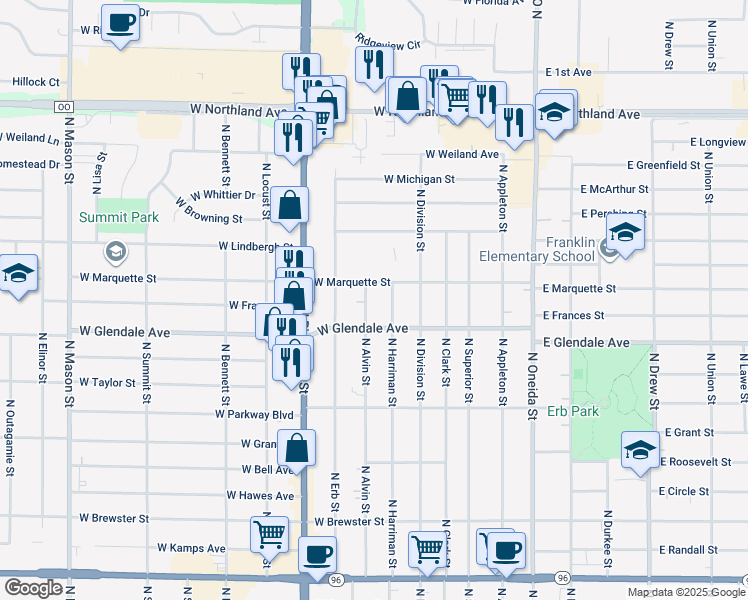 map of restaurants, bars, coffee shops, grocery stores, and more near 2112 North Alvin Street in Appleton
