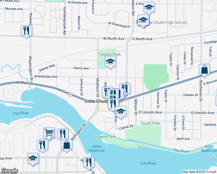 map of restaurants, bars, coffee shops, grocery stores, and more near 726 Monroe Street in Little Chute