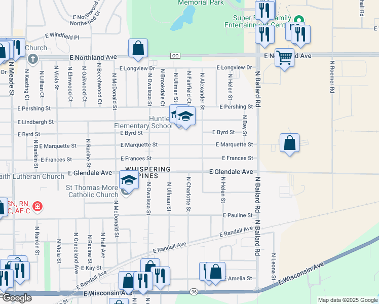 map of restaurants, bars, coffee shops, grocery stores, and more near 2107 North Alexander Street in Appleton