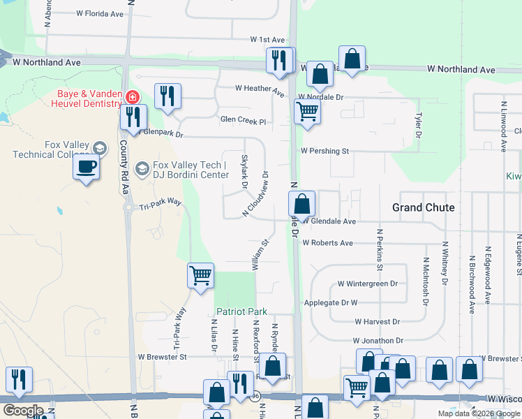 map of restaurants, bars, coffee shops, grocery stores, and more near 2122 North Cloudview Drive in Appleton