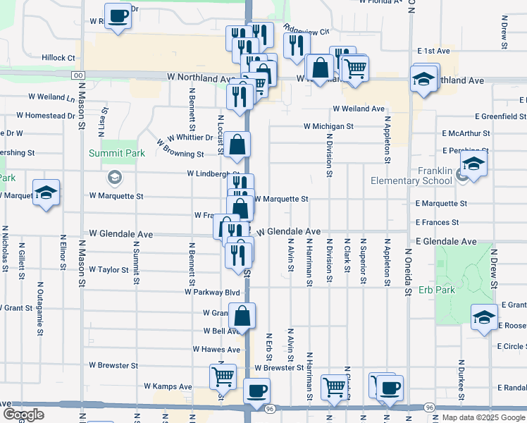 map of restaurants, bars, coffee shops, grocery stores, and more near 2111 North Erb Street in Appleton