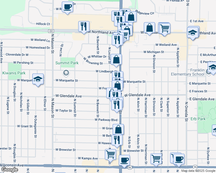 map of restaurants, bars, coffee shops, grocery stores, and more near 800 West Frances Street in Appleton