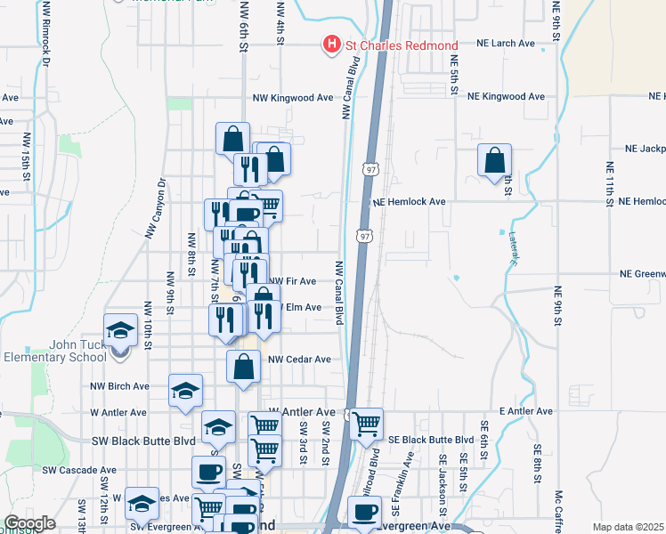 map of restaurants, bars, coffee shops, grocery stores, and more near 631 Northwest Canal Boulevard in Redmond