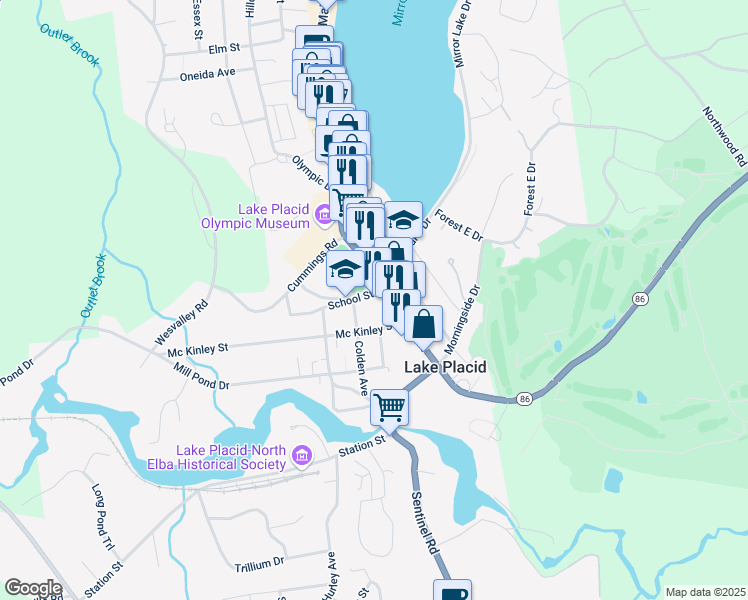 map of restaurants, bars, coffee shops, grocery stores, and more near 11 School Street in Lake Placid