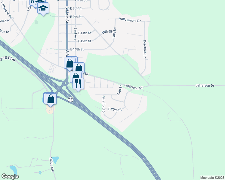map of restaurants, bars, coffee shops, grocery stores, and more near 779 18th Street in Zumbrota