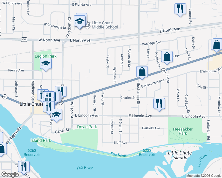 map of restaurants, bars, coffee shops, grocery stores, and more near 725 East Main Street in Little Chute