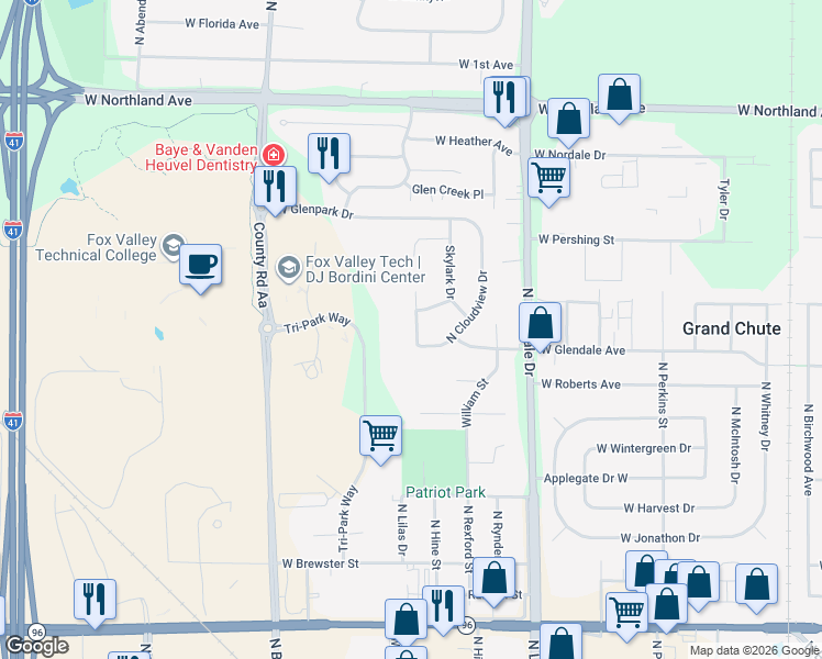 map of restaurants, bars, coffee shops, grocery stores, and more near 2112 Cloudview Court in Appleton