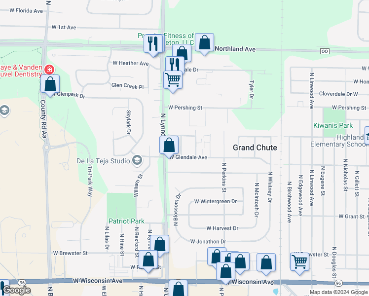 map of restaurants, bars, coffee shops, grocery stores, and more near 2100 Pheasant Run Court in Appleton