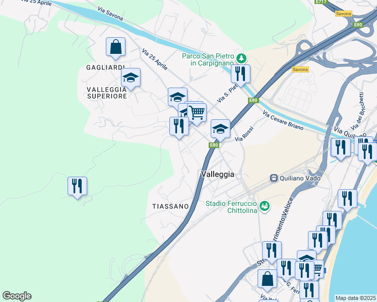 map of restaurants, bars, coffee shops, grocery stores, and more near 7 Via Vietta in Valleggia