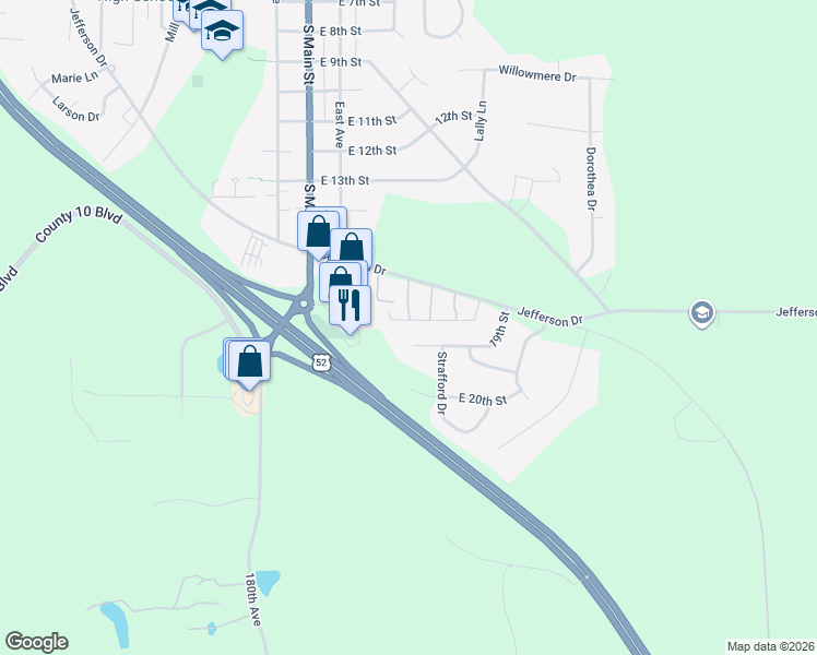 map of restaurants, bars, coffee shops, grocery stores, and more near 491 East 18th Street in Zumbrota