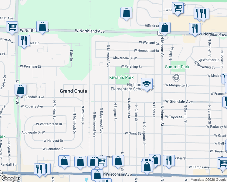 map of restaurants, bars, coffee shops, grocery stores, and more near 2025 North Eugene Street in Appleton