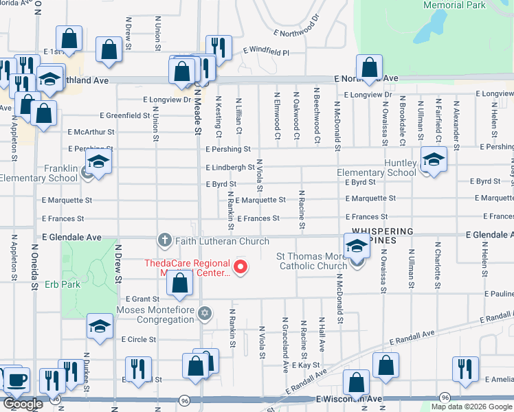 map of restaurants, bars, coffee shops, grocery stores, and more near 2119 North Viola Street in Appleton