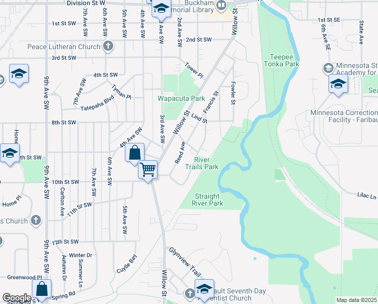 map of restaurants, bars, coffee shops, grocery stores, and more near 905 Rice Street in Faribault