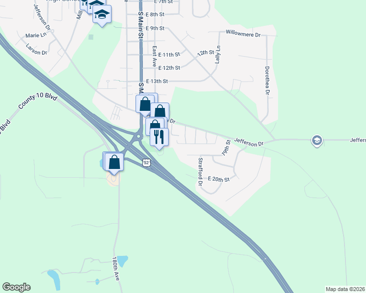 map of restaurants, bars, coffee shops, grocery stores, and more near 491 East 18th Street in Zumbrota