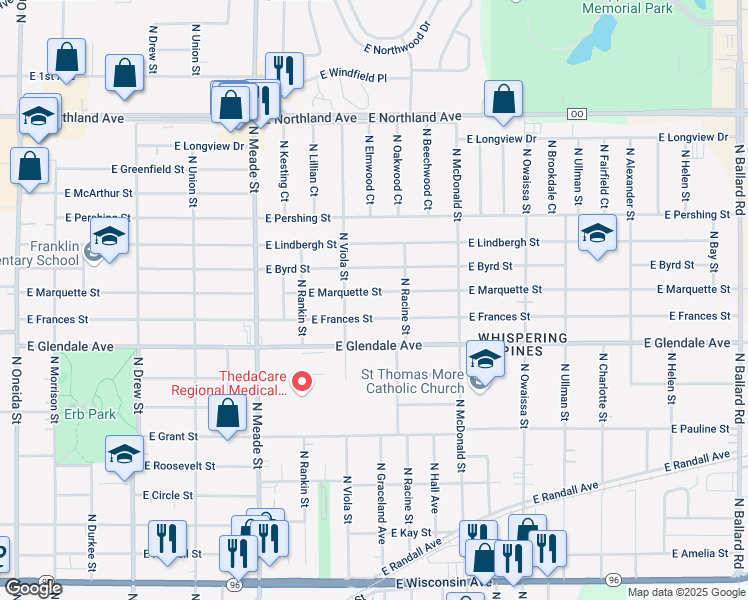 map of restaurants, bars, coffee shops, grocery stores, and more near 1007 East Marquette Street in Appleton