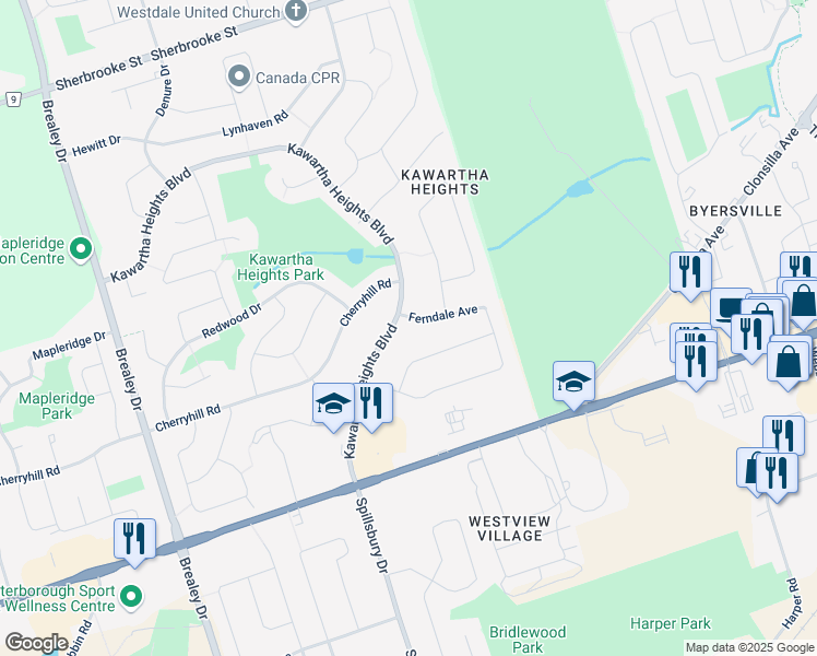 map of restaurants, bars, coffee shops, grocery stores, and more near 4 Ferndale Avenue in Peterborough