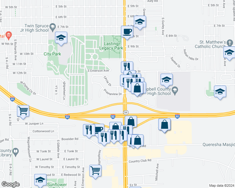 map of restaurants, bars, coffee shops, grocery stores, and more near Morningside Drive in Gillette