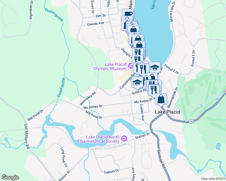 map of restaurants, bars, coffee shops, grocery stores, and more near 61 Cummings Road in Lake Placid
